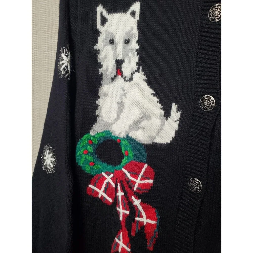 Susan Bristol Ramie/Cotton Scottie Dog Wreath Snowflake Christmas Sweater Sz XL - Picture 5 of 9
